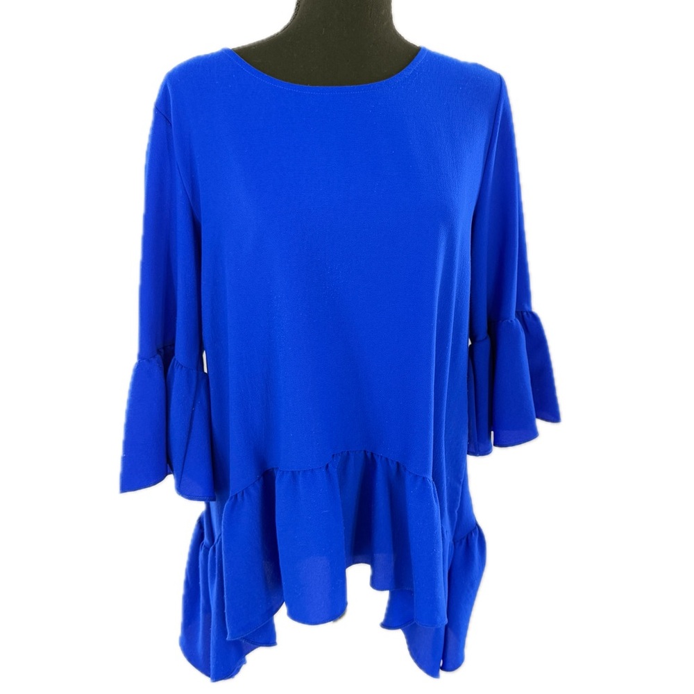Gibson Asymmetrical Ruffle Hem, Bell Sleeve Blouse, Royal Blue, Size Small